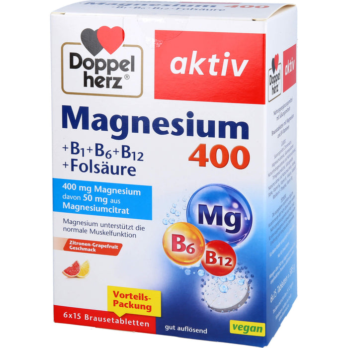 Doppelherz aktiv Magnesium 400 + B1 + B6 + B12 + Folsäure Brausetabletten für eine normale Muskelfunktion, 90 St. Brausetabletten