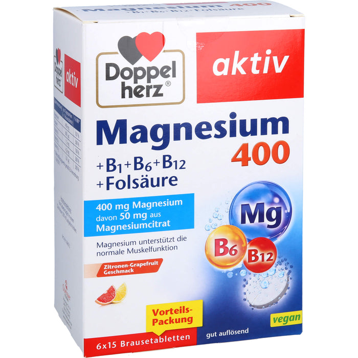 Doppelherz aktiv Magnesium 400 + B1 + B6 + B12 + Folsäure Brausetabletten für eine normale Muskelfunktion, 90 St. Brausetabletten