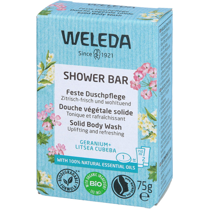 WELEDA Feste Duschpflege Geranium + Litsea Cubeba zitrisch frisch und wohltuend, 75 g Seifenstück