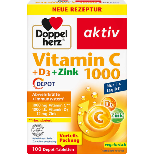 Doppelherz Vitamin C 1000 + D3 + Zink Depot-Tabletten zur Unterstützung des Immunsystems, 100 St. Tabletten