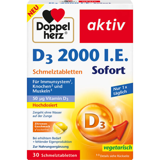 Doppelherz aktiv D3 2000 I.E. Sofort Schmelztabletten für Immunsystem, Knochen und Muskeln mit  Zitronengeschmack, 30 St. Tabletten