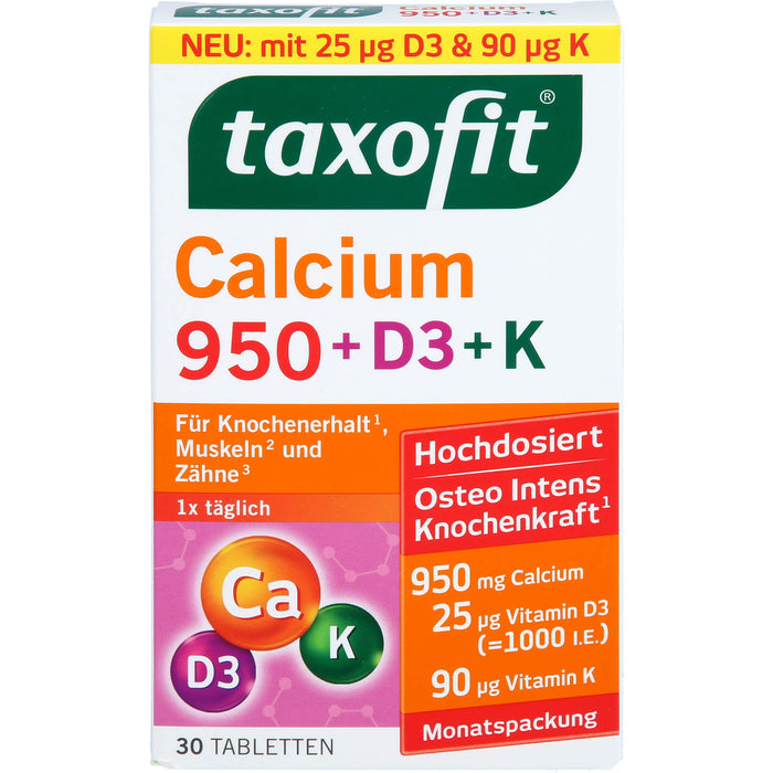 Taxofit Calcium 950 + D3 + K Tabletten für Knochenerhalt, Muskeln und Zähne, 30 St. Tabletten