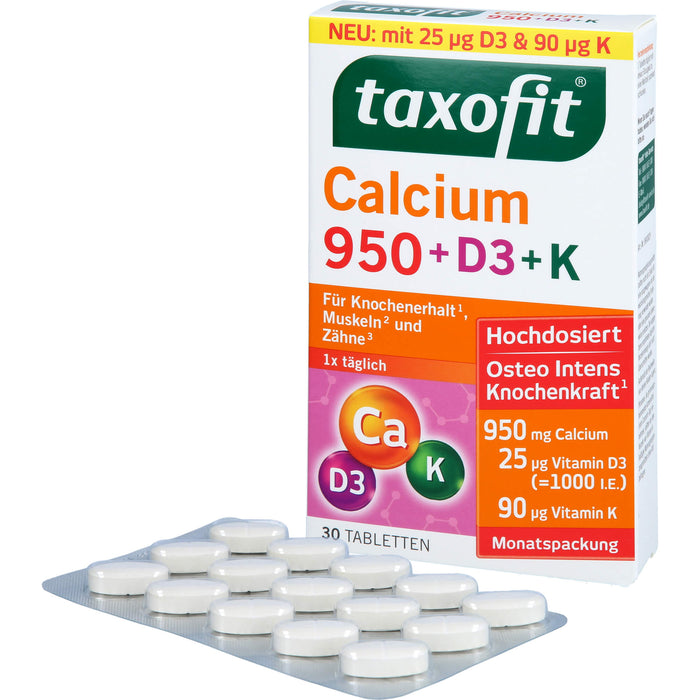 Taxofit Calcium 950 + D3 + K Tabletten für Knochenerhalt, Muskeln und Zähne, 30 St. Tabletten