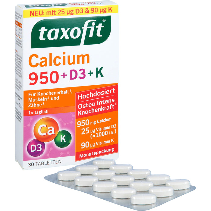 Taxofit Calcium 950 + D3 + K Tabletten für Knochenerhalt, Muskeln und Zähne, 30 St. Tabletten