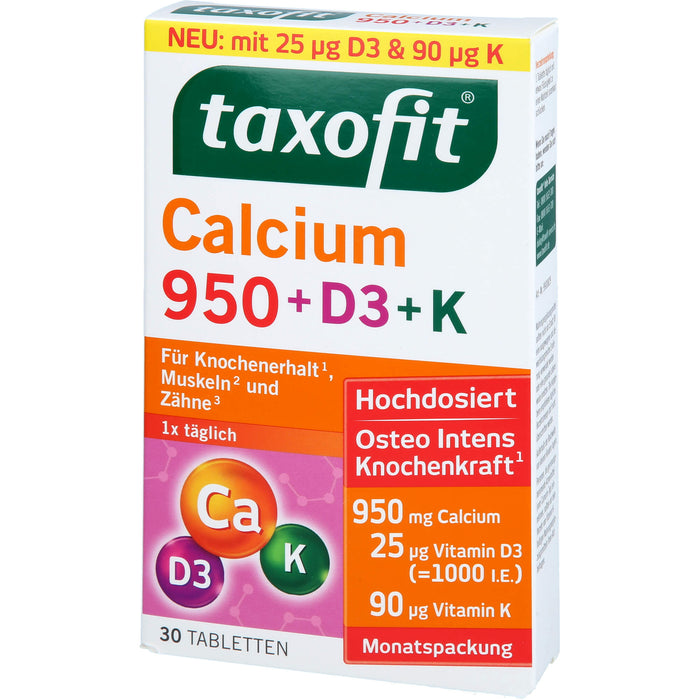 Taxofit Calcium 950 + D3 + K Tabletten für Knochenerhalt, Muskeln und Zähne, 30 St. Tabletten