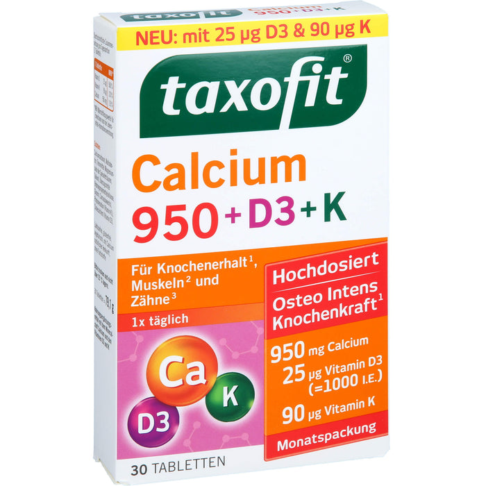 Taxofit Calcium 950 + D3 + K Tabletten für Knochenerhalt, Muskeln und Zähne, 30 St. Tabletten