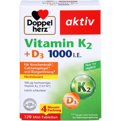 Doppelherz aktiv Vitamin K2 + D3 1000 I.E. Mini-Tabletten für Knochenkraft, Calciumspiegel und Blutgerinnung, 20 St. Tabletten
