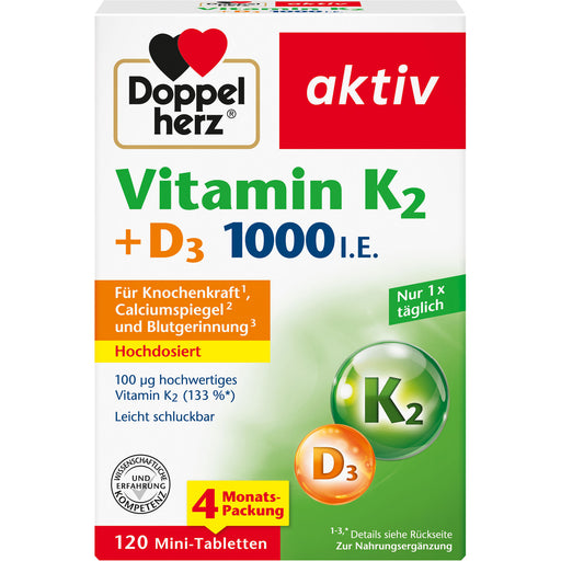 Doppelherz aktiv Vitamin K2 + D3 1000 I.E. Mini-Tabletten für Knochenkraft, Calciumspiegel und Blutgerinnung, 120 St. Tabletten