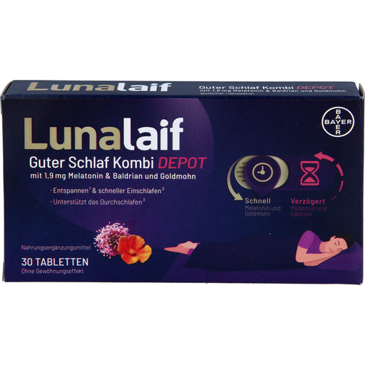 Lunalaif Guter Schlaf Kombi Depot Tabletten mit 1,9 mg Melatonin, Baldrian und Goldmohn, 30 St. Tabletten