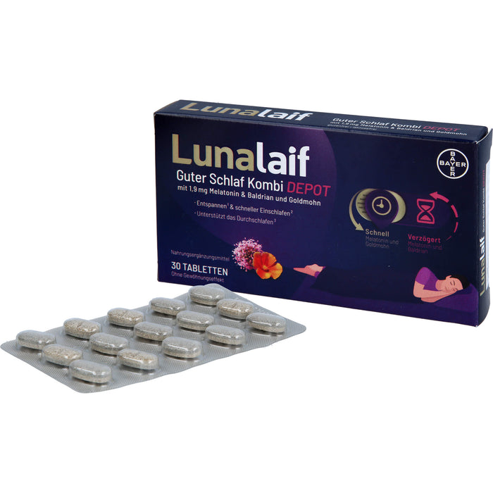 Lunalaif Guter Schlaf Kombi Depot Tabletten mit 1,9 mg Melatonin, Baldrian und Goldmohn, 30 St. Tabletten