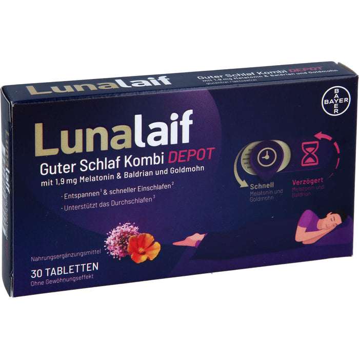 Lunalaif Guter Schlaf Kombi Depot Tabletten mit 1,9 mg Melatonin, Baldrian und Goldmohn, 30 St. Tabletten