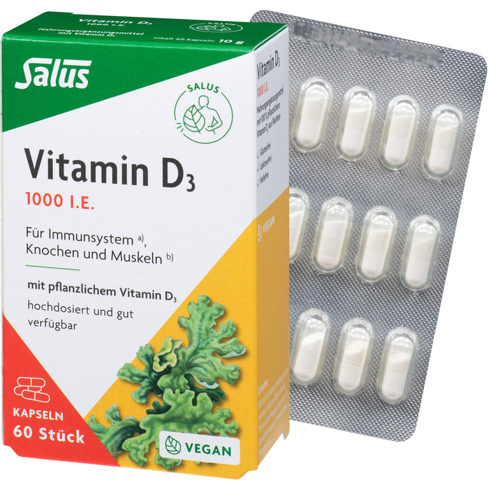 Salus Vitamin D3 1000 I.E. Kapseln für Immunsystem, Knochen und Muskeln, 60 St. Kapseln
