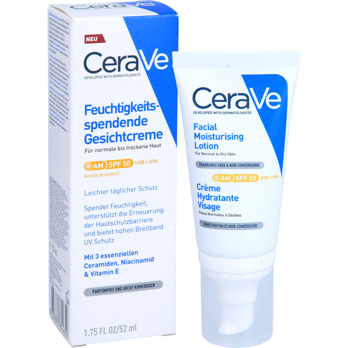 CeraVe feuchtigkeitsspendende Gesichtscreme mit LSF 50 für normale bis trockene Haut, 52 ml Creme