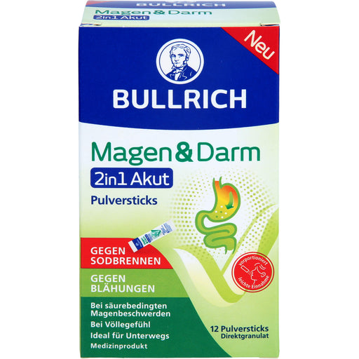BULLRICH Magen und Darm 2in1 Akut Pulversticks gegen Sodbrennen und gegen Blähungen, 12 St. Sticks
