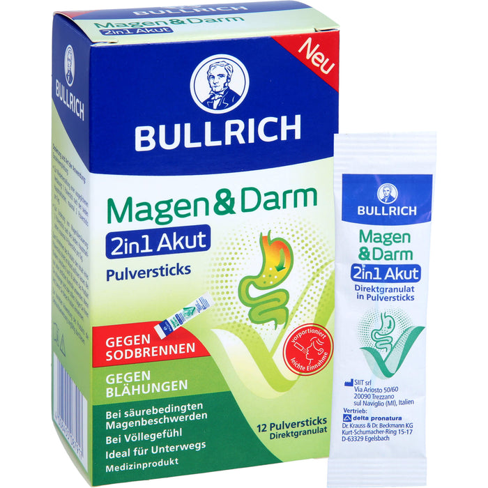 BULLRICH Magen und Darm 2in1 Akut Pulversticks gegen Sodbrennen und gegen Blähungen, 12 St. Sticks