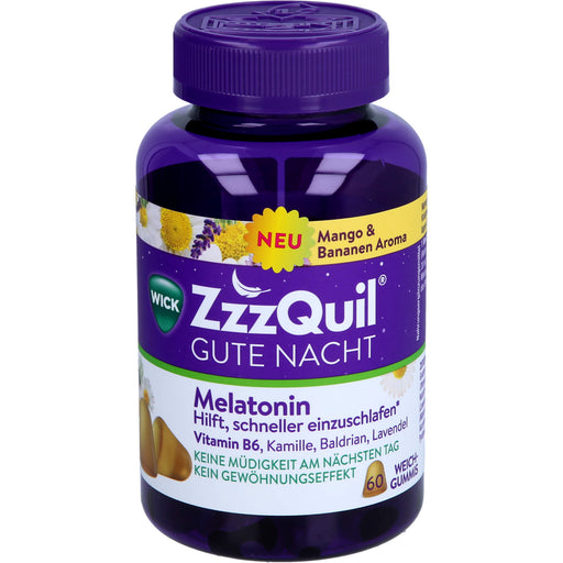 WICK ZzzQuil Gute Nacht Weichgummis mit Melatonin Mango & Banane, 60 St. Gummidrops