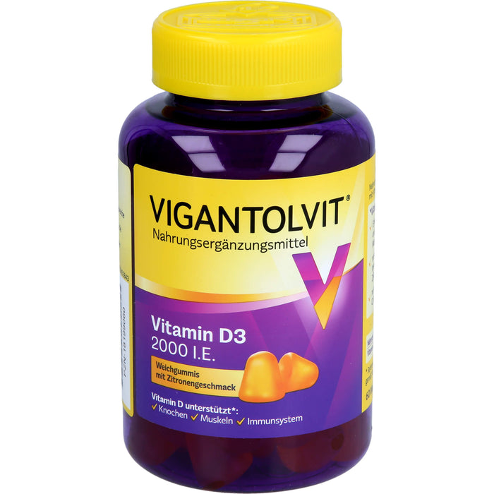 VIGANTOLVIT 2000 I.E. Vitamin D3 Weichgummis mit Zitronengeschmack, unterstützt das Immunsystem, Knochen & Muskeln, 60 St. Gummibären
