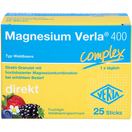 Magnesium Verla 400 Complex Direk-Granulat mit fruchtigem Waldbeerengeschmack, 25 St. Sticks