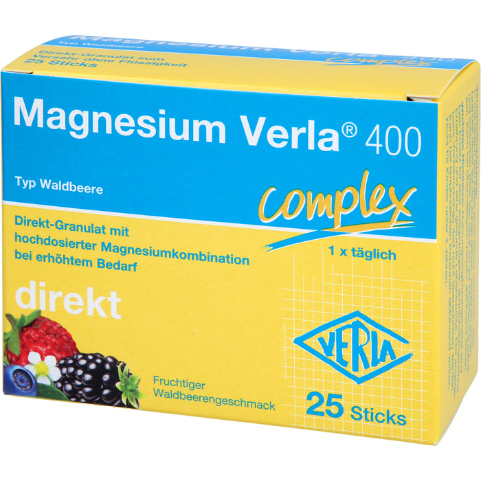 Magnesium Verla 400 Complex Direk-Granulat mit fruchtigem Waldbeerengeschmack, 25 St. Sticks
