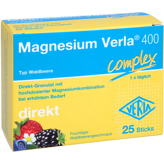 Magnesium Verla 400 Complex Direk-Granulat mit fruchtigem Waldbeerengeschmack, 25 St. Sticks