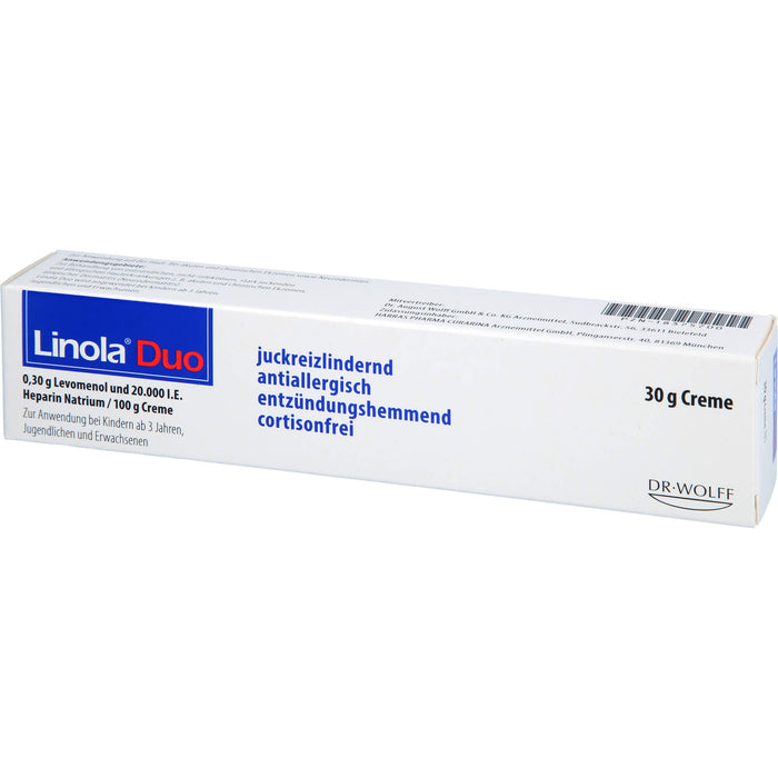 Linola Duo 0,30 g Levomenol und 20.000 I.E. Heparin Natrium Creme gegen Juckreiz bei Neurodermitis und Ekzemen, 30 g Creme