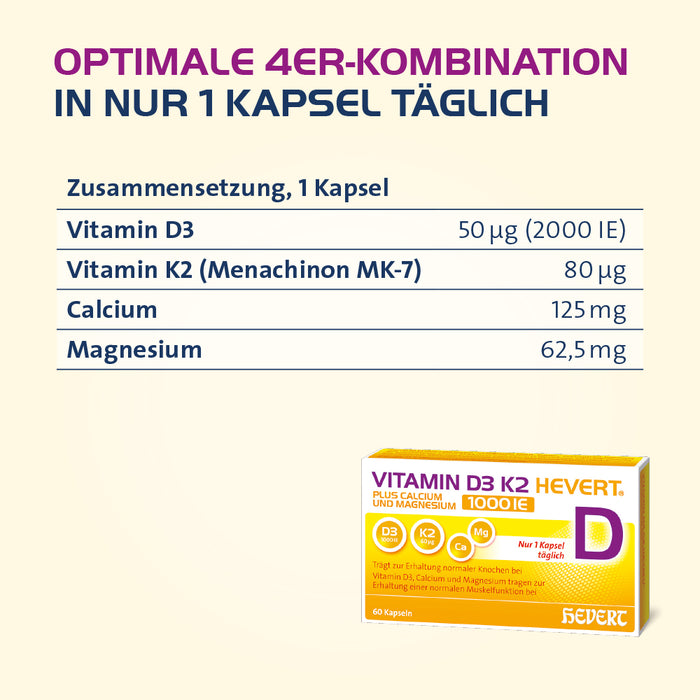 Vitamin D3 K2 Hevert plus Calcium und Magnesium 2000 IE, 120 St. Kapseln