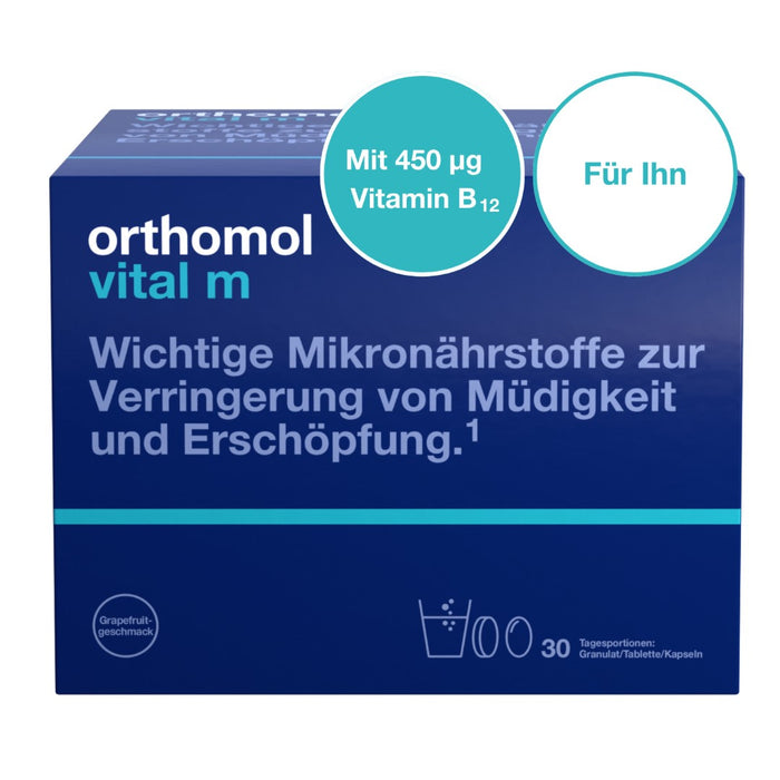 Orthomol Vital m für Männer - bei Müdigkeit - mit B-Vitaminen und Omega-3-Fettsäuren - Grapefruit-Geschmack - Granulat/Tabletten/Kapseln, 30 St. Tagesportionen