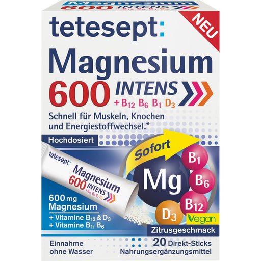 Tetesept Magnesium 600 Intens Direktgranulat für Muskeln, Knochen und Energiestoffwechsel, 20 St. Sticks