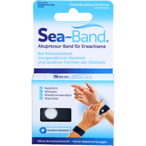 Sea-Band Akupressur-Band für Erwachsene schwarz bei Reiseübelkeit und morgendlicher Übelkeit, 2 St. Packung