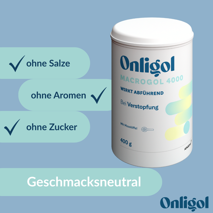 Onligol Macrogol 4000 - Sanfte, effektive Hilfe bei Verstopfung und Obstipation - mit Macrogol 4000 - ohne Zusatzstoffe & Zucker, 400 g Pulver