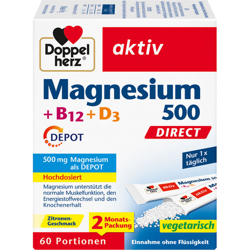 Doppelherz aktiv Magnesium 500 + B12 + D3 Depot Direktgranulat mit Zitronengeschmack, 60 St. Beutel