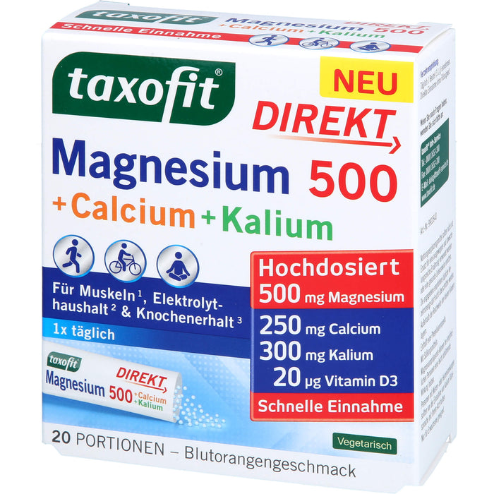 Taxofit Magnesium 500 + Calcium + Kalium Direktgranulat mit Blutorangengeschmack, 20 St. Beutel