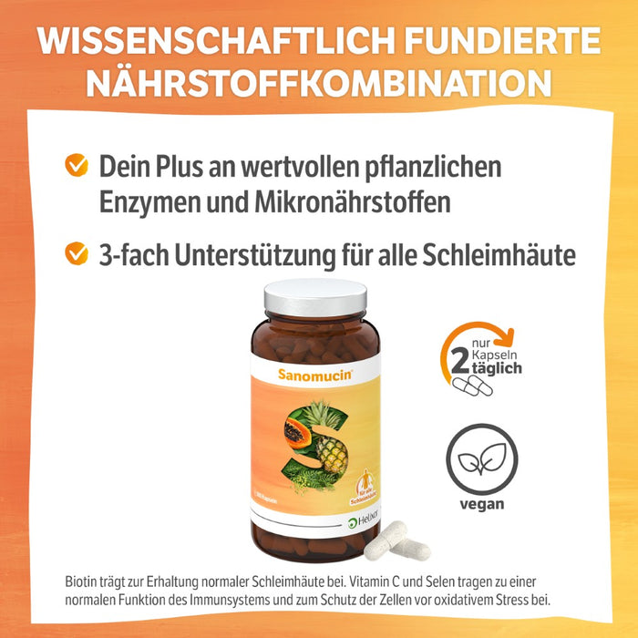 HELIXOR Sanomucin - 3-fach Unterstützung für alle Schleimhäute - Wissenschaftlich fundierte Nährstoffkombination mit Pflanzlichen Enzymen, Linsenextrakt, Vitaminen + Selen - Vegan, 180 St. Kapseln