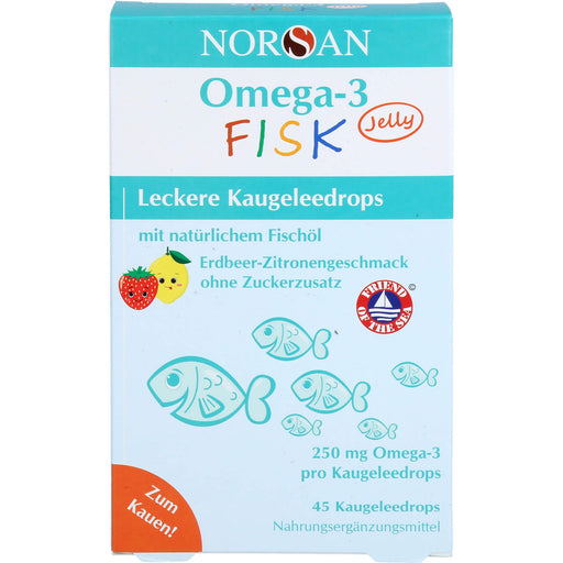 NORSAN Omega-3 FISK Jelly - für Kinder leckere Kaugeleedrops mit Erdbeer-Zitronengeschmack, 45 St. Gummidrops