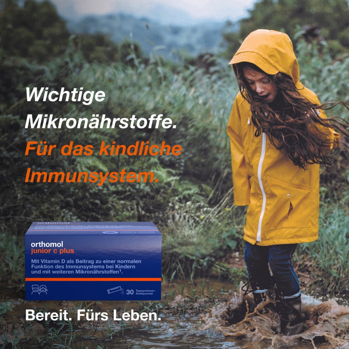 Orthomol junior C plus - mit Vitamin C als Beitrag zu einer normalen Funktion des Immunsystems - Himbeer/Limetten-Geschmack - Direktgranulat, 30 St. Tagesportionen