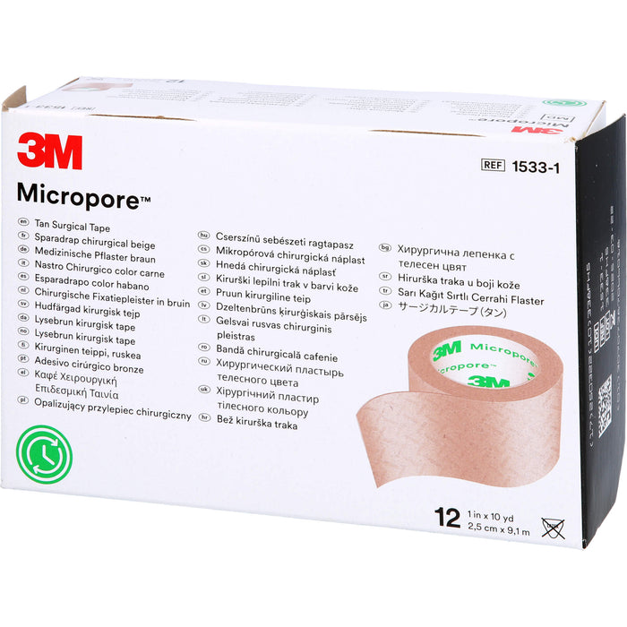 3M Micropore hypoallergenes Vliespflaster 2,5 cm x 9,1 m hautfarben, 12 St. Pflaster