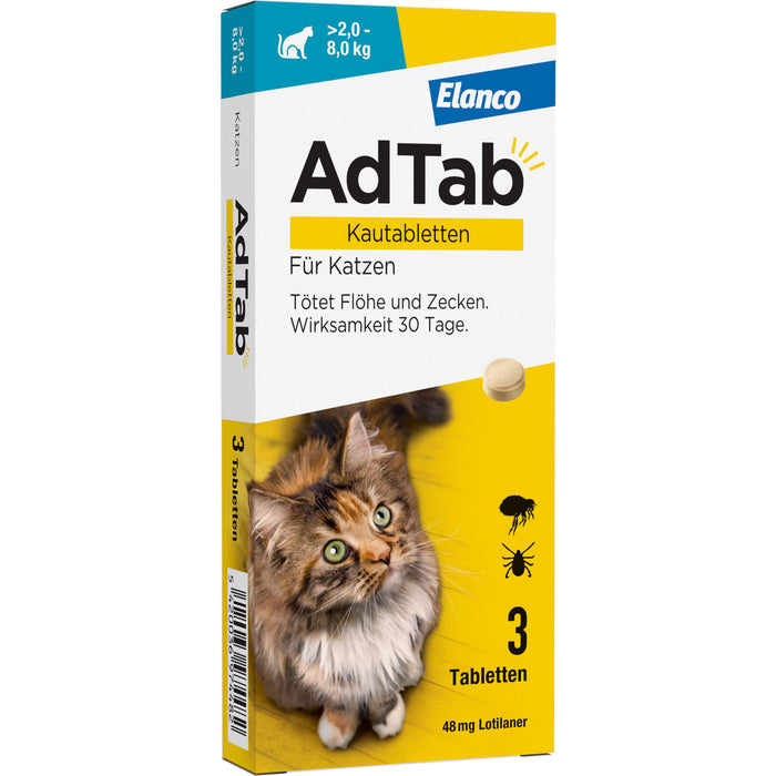 AdTab Kautabletten für Katzen über 2 bis 8 kg gegen Zecken und Flöhe, 3 St. Kautabletten
