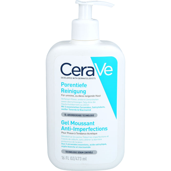 CeraVe porentiefe Reinigung mit Salicylsäure für das Gesicht bei unreiner und zu Akne neigender Haut, 473 ml Gel