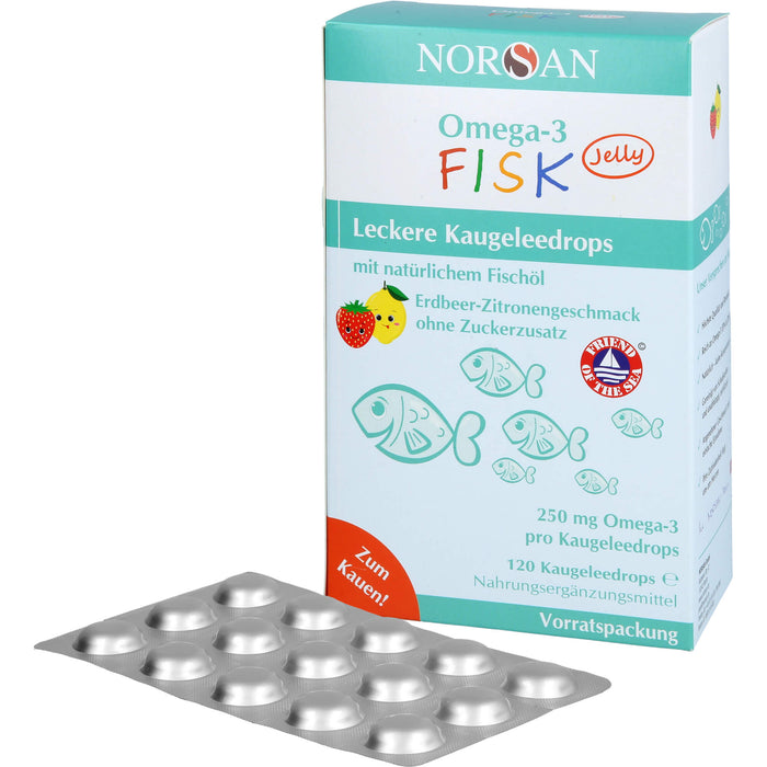 NORSAN Omega-3 FISK Jelly - für Kinder leckere Kaugeleedrops mit Erdbeer-Zitronengeschmack, 120 St. Gummidrops