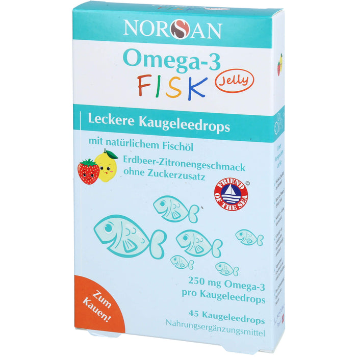 NORSAN Omega-3 FISK Jelly - für Kinder leckere Kaugeleedrops mit Erdbeer-Zitronengeschmack, 45 St. Gummidrops