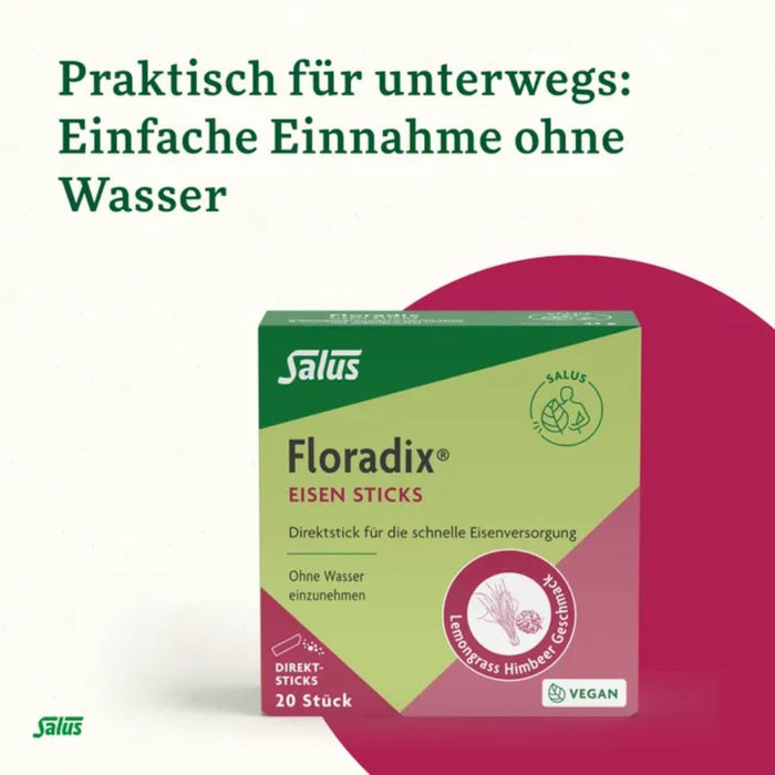 Floradix Eisen Sticks für die schnelle Eisenversorgung mit Lemongrass Himbeer Geschmack, 20 St. Sticks