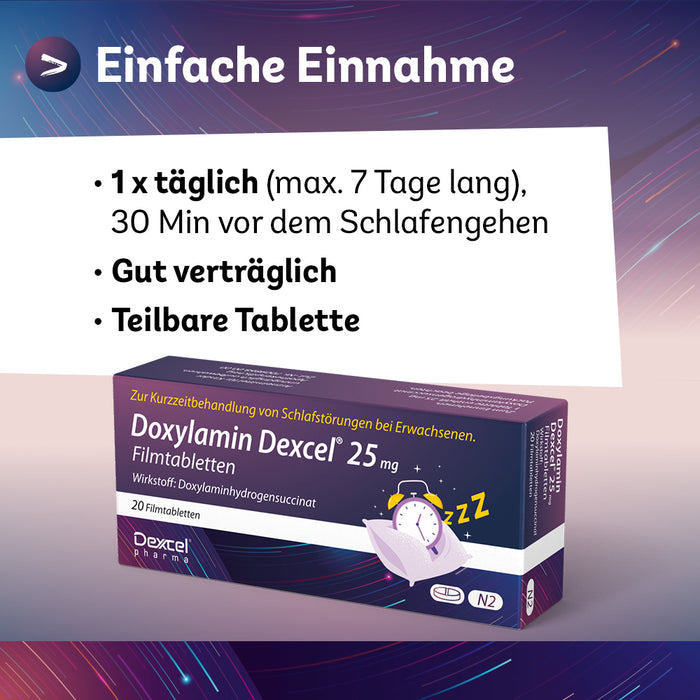 Doxylamin Dexcel 25 mg zur Kurzzeitbehandlung von Schlafstörungen bei Erwachsenen, 20 St. Tabletten