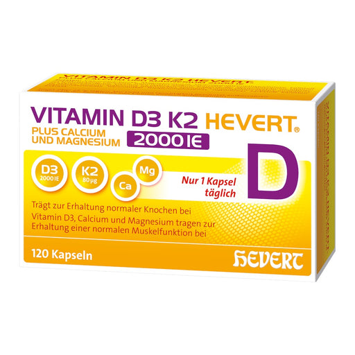 Vitamin D3 K2 Hevert plus Calcium und Magnesium 2000 IE, 120 St. Kapseln