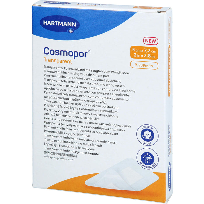 Cosmopor transparenter Folienverband mit saugfähigem Wundkissen 5 x 7,2 cm steril, 5 St. Verband