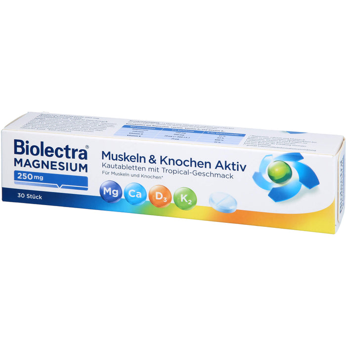 Biolectra Magnesium 250 mg Muskeln & Knochen Aktiv Kautabletten mit Tropical-Geschmack, 30 St. Kautabletten