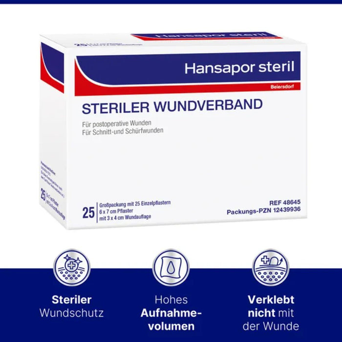 Hansapor steril Wundverband 6 x 7 cm Pflaster mit 3 x 4 cm Wundauflage, 25 St. Wundauflagen