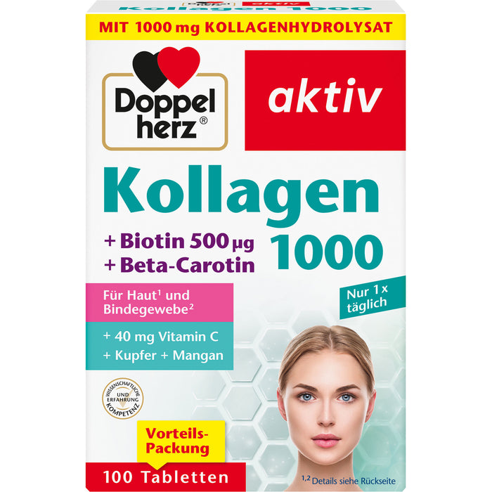Doppelherz aktiv Kollagen 1000 + Biotin + Beta-Carotin Tabletten für Haut und Bindegewebe, 100 St. Tabletten