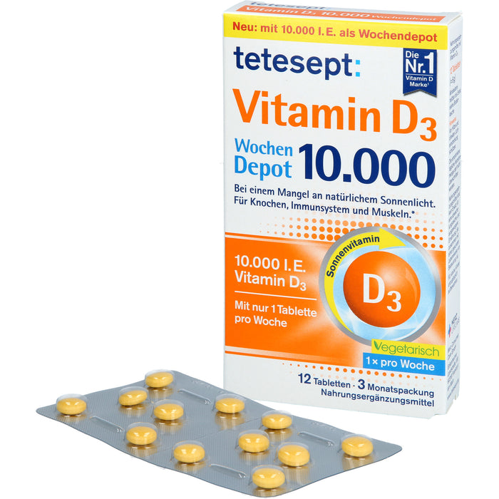 Tetesept Vitamin D3 10.000 I.E. Wochendepot Tabletten für Knochen, Immunsystem und Muskeln, 12 St. Tabletten