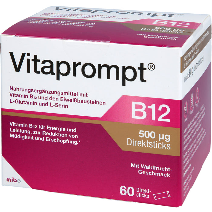Vitaprompt B12 500 μg Direktsticks mit Waldfrucht-Geschmack zur Reduktion von Müdigkeit und Erschöpfung, 60 St. Sticks