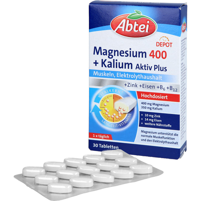 Abtei Magnesium 400 + Kalium aktiv plus Tabletten für Muskeln und Elektrolythaushalt, 30 St. Tabletten